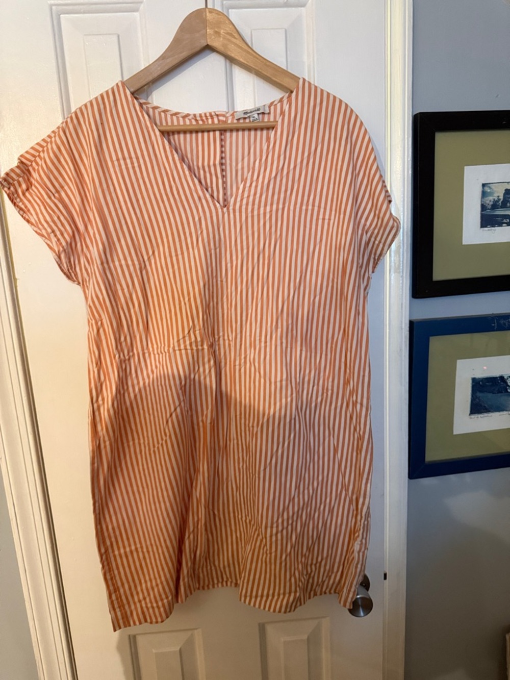 Madewell Peach and White Striped V-Neck Short Sleeve Tunic